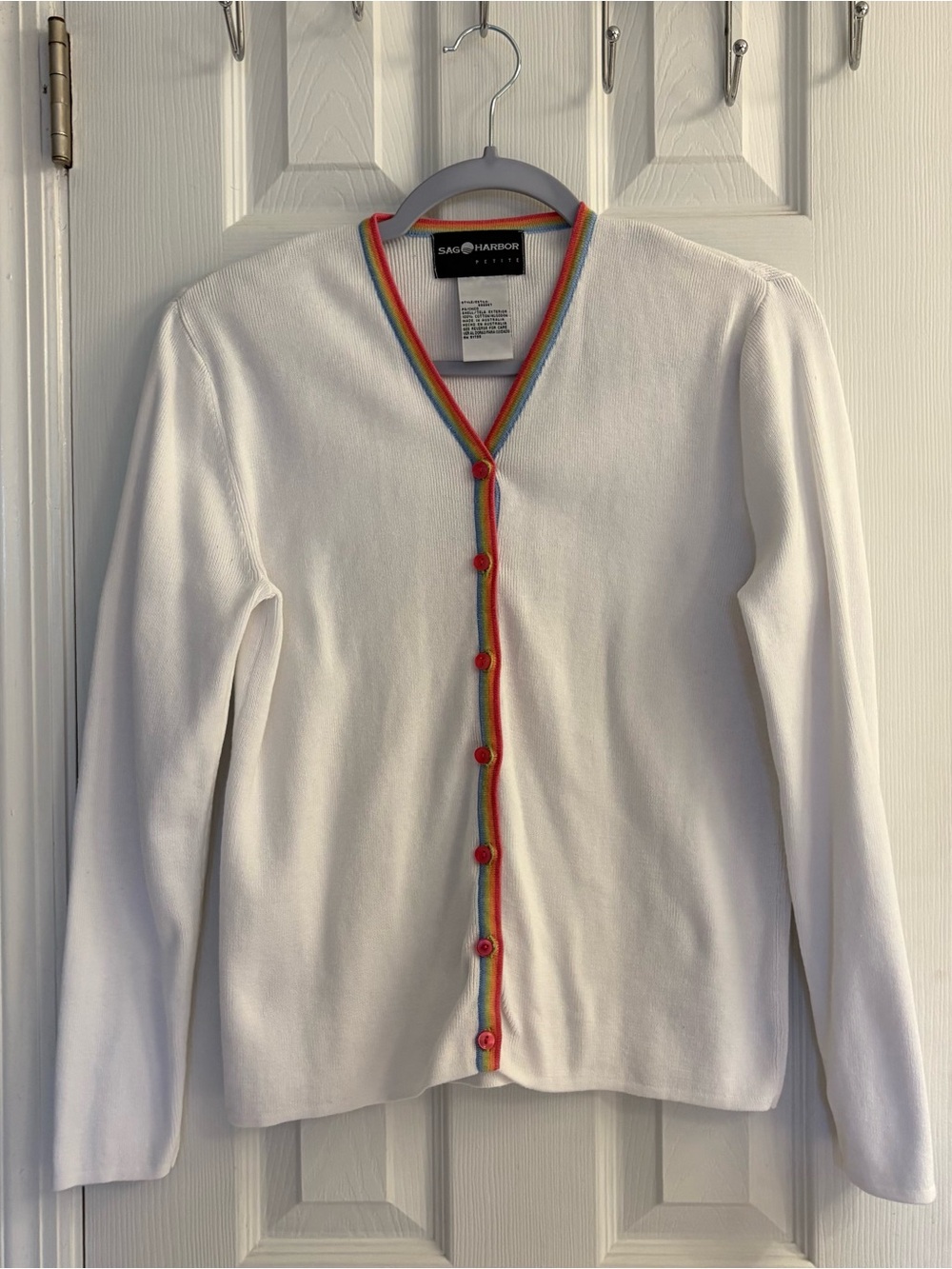 Sag Harbor Petite White Rainbow Trim Button Front Cardigan Sweater Size PS